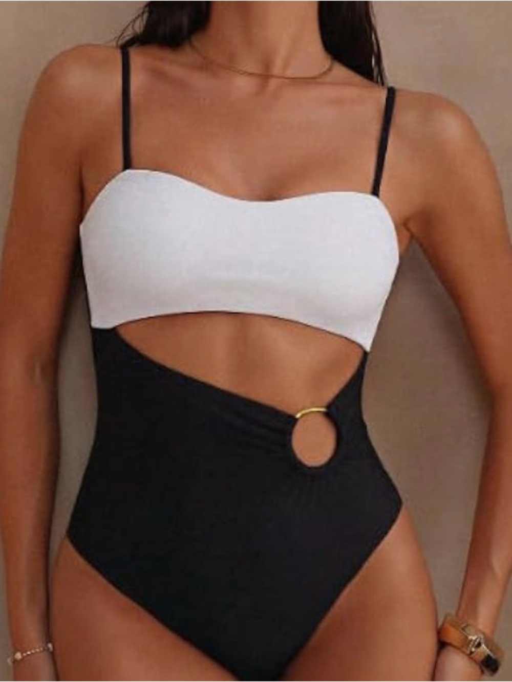 Amazon Black and White Cutout One-Piece Swimsuit with Ring Detail